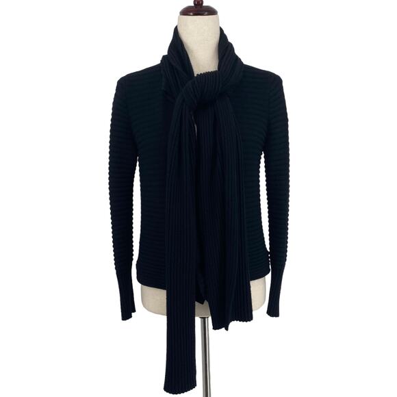 St John Nordstrom S Cashmere Black Ribbed Knit Tie Neck Open Front Sweater Black - Picture 1 of 14